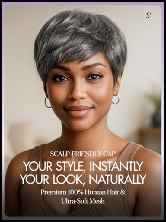 Short Pixie Cut Wig with Bangs Glueless Human Hair Skin Friendly Cap main image 4
